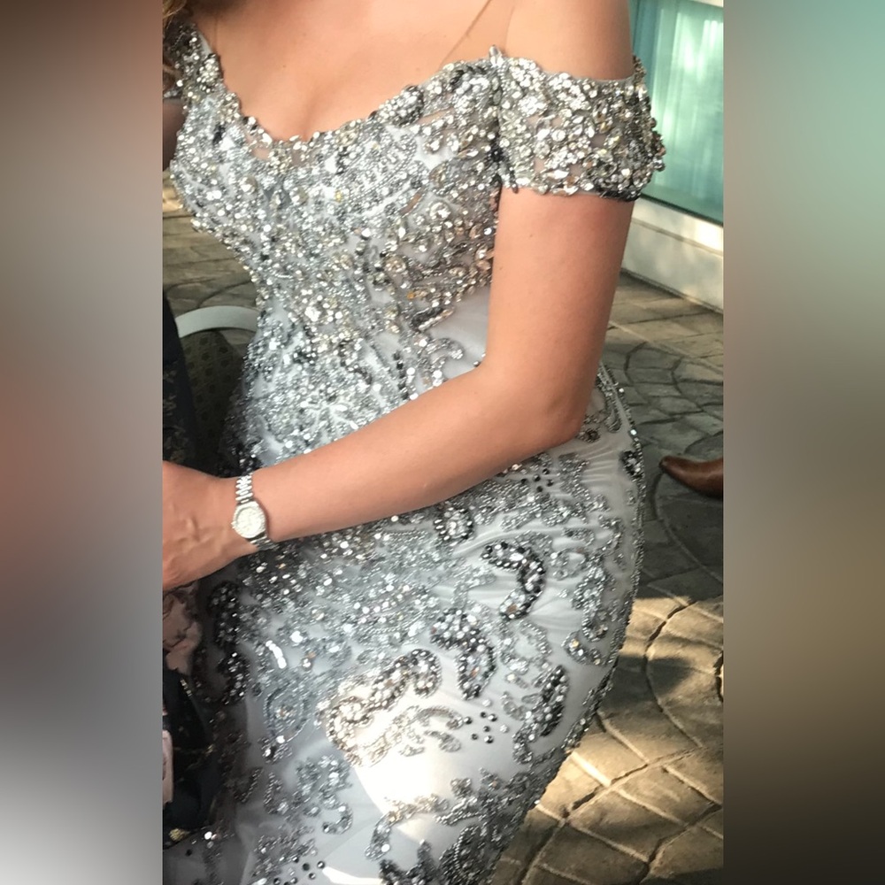 Elegant Silver Embellished Evening Gown - Picture 3 of 6